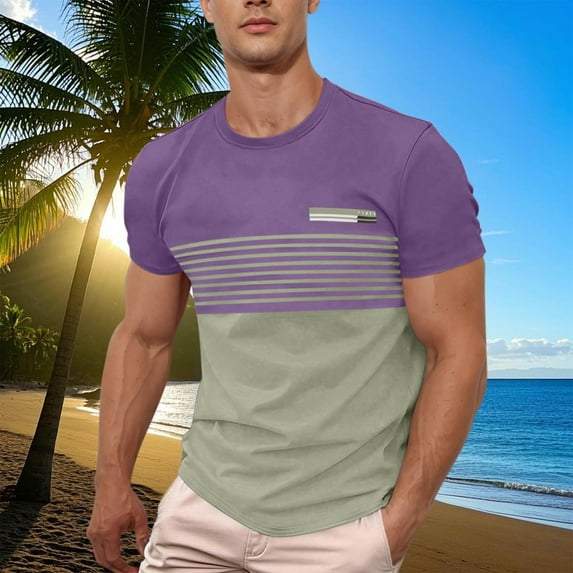 Dianli Active Sports Men's Patchwork Turndown-Collar Short Sleeve Pullover T-Shirt Color-Block Striped Round Neck Athletic-Fit Breathable Moisture-Wicking Casual Fitness Top Athletic