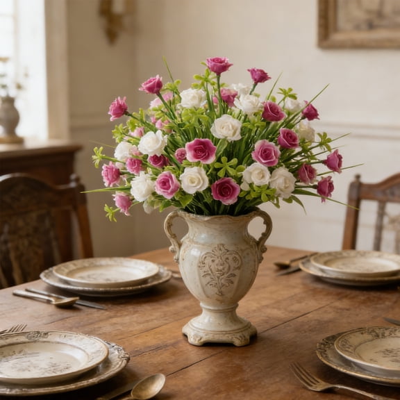 Dianli Artificial Floral Arrangement Spring Grass Rose And Baby Breath Faux Floral Box Pastoral Bouquet Realistic Wedding Home Table Centerpiece Spring Floral Decor