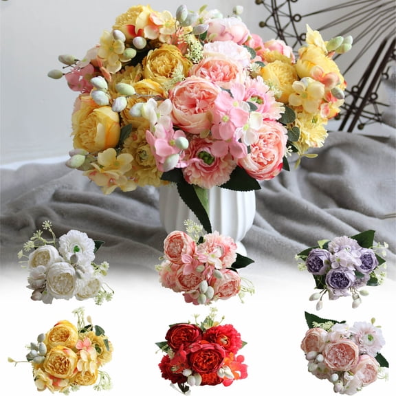 Dianli Artificial Flowers Home Decor Five Silk Hydrangea Peony Berry Bouquet Combination Faux Floral Arrangement for Wedding Home Table Centerpiece Artificial Flowers Decor