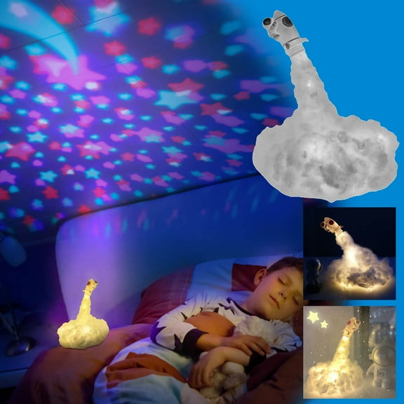 Dianli Astronaut Rocket Night Light Cluster Table Lamp With Lift-Off Astronaut Design, USB Rechargeable LED Starry Glow, Adjustable Brightness And Timer For Bedroom Nursery Space Decor Night Light