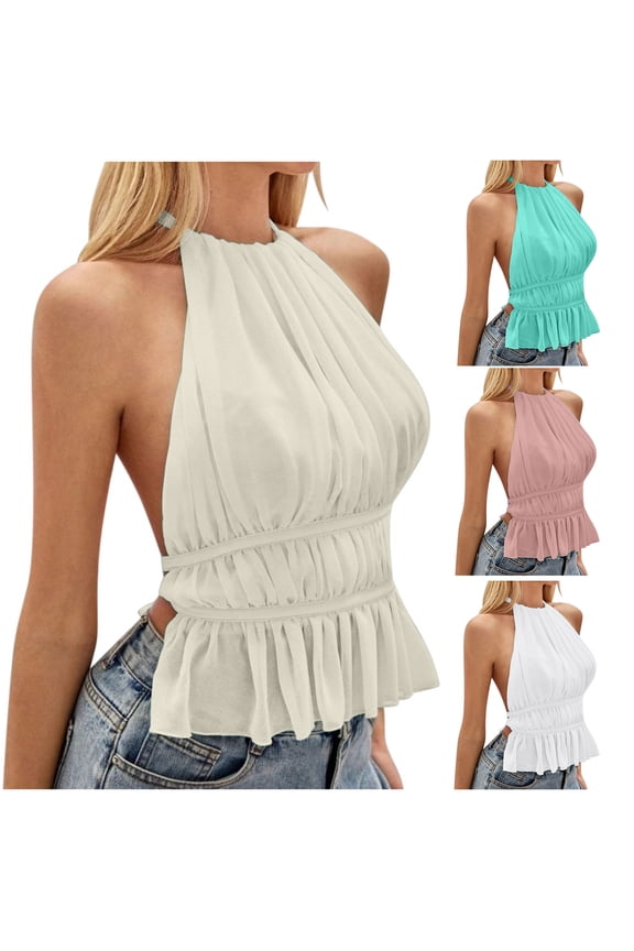 Backless Halter Strap Bandeau Crop Top Lace Trim Tie‑Back Sleeveless Y2K Embellished Sequin Detail Stretchy Ribbed Fabric Fitted Bust Ruching Versatile For Festivals Nights Out And Beachwear