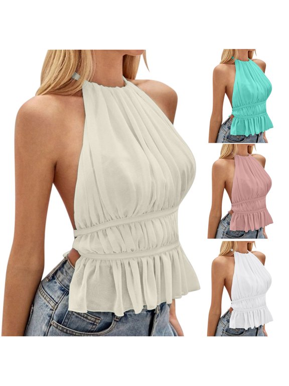 Backless Halter Strap Bandeau Crop Top Lace Trim Tie‑Back Sleeveless Y2K Embellished Sequin Detail Stretchy Ribbed Fabric Fitted Bust Ruching Versatile For Festivals Nights Out And Beachwear