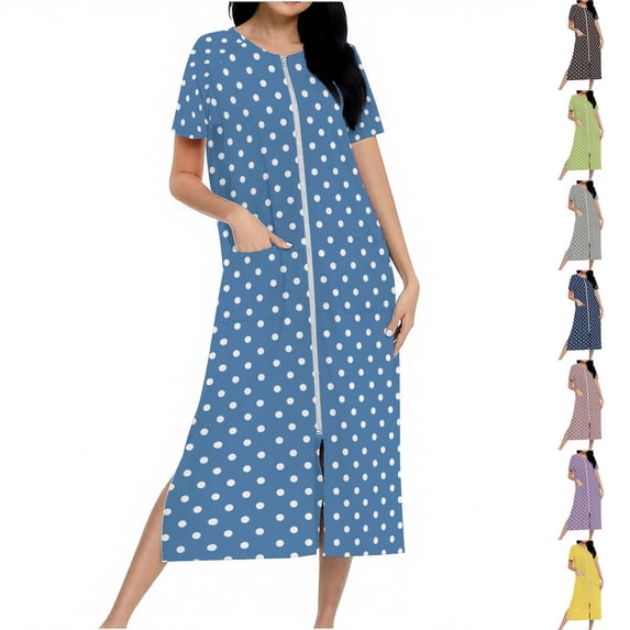 Dianli Bathrobe Robe Zip up Long Knit Housecoat Full Length Gradient Zipper Nightgown with Pockets Ribbon Trim Cozy Knitted Homewear Loungewear Nightwear