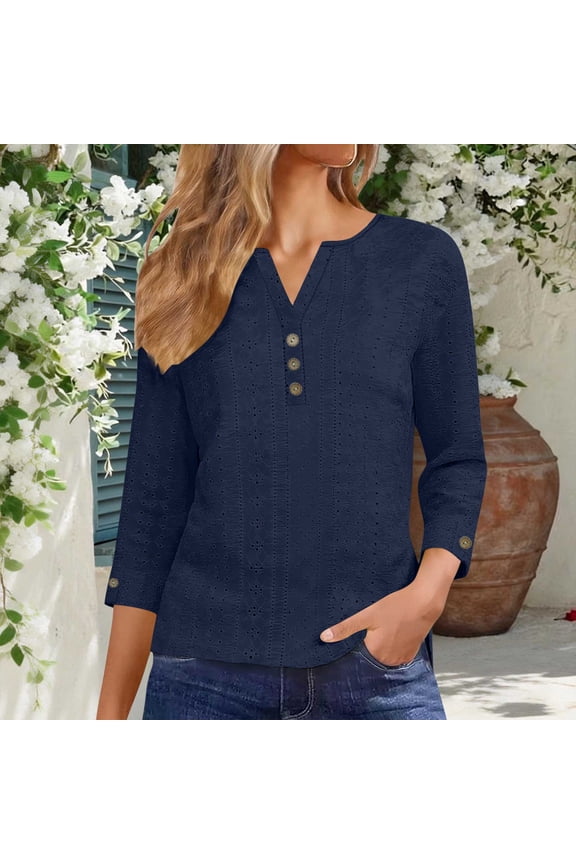 Blouses Shirts Women's Jacquard V-Neck Button Front Seven Quarter Sleeve Pullover Casual Top Cotton Linen Textured Knit Relaxed Fit Work Weekend Layering Top Blouse Trendy