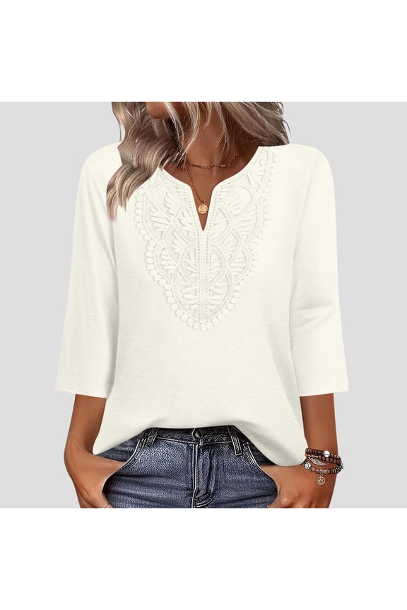 Boho Blouse Tunic 3/4 Sleeve V Neck Lace Detail Lightweight Breathable Solid Color Bohemian Shirt Casual Vacation Beach Dressy Top Relaxed Fit Summer Weekend Women Tunic Top