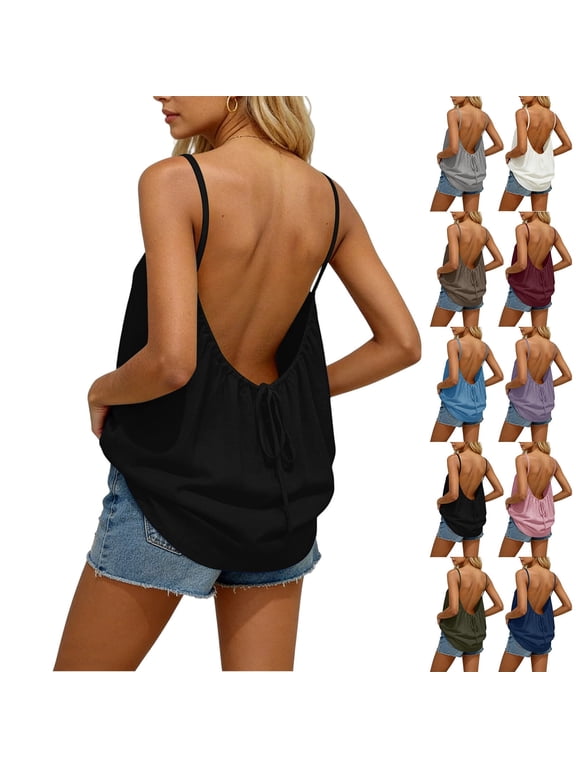 Boho Dress Backless Cami Adjustable Spaghetti Strap Ruffle Edge Loose Beach Maxi Top Summer Bohemian Sleeveless Lightweight Flowy Layered Beachwear for Women, Beach Cover-Up