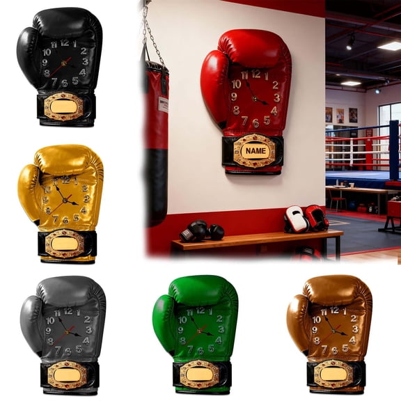 Dianli Boxing Gloves Wall Clock 2D Acrylic Flat Plaque Personalized Name Belt Design Sports Theme Gym Decor Boxing Gift for Boxer Room Wall Art Home Office