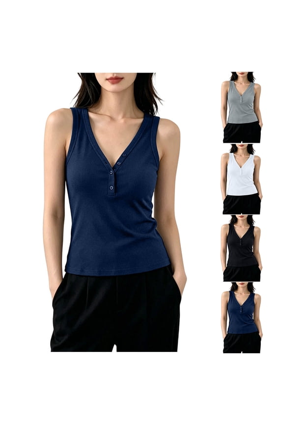 Button Front V‑Neck Sleeveless Top Slim Fit Ribbed Knit High Stretch Breathable Fabric Tight Fitting Stylish Pullover For Spring Summer Work Weekend And Evening Wear Versatile V‑Neck Top