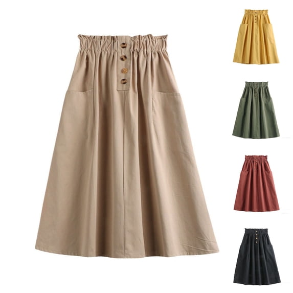Dianli Button Pocket Skirt Flax Skirt Women's Solid Elastic Waist Button Front Skirt With Side Pocket Cotton Linen Look Drawstring Casual Summer Button Pocket Skirt