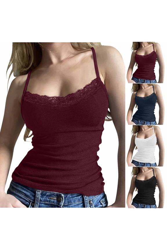 Camisole Tank Top Fishbone Lace RoundNeck Slim Fit Sheer Trim Ribbed Knit Breathable Lightweight Layering Cami For Evening And Summer Party Navy L