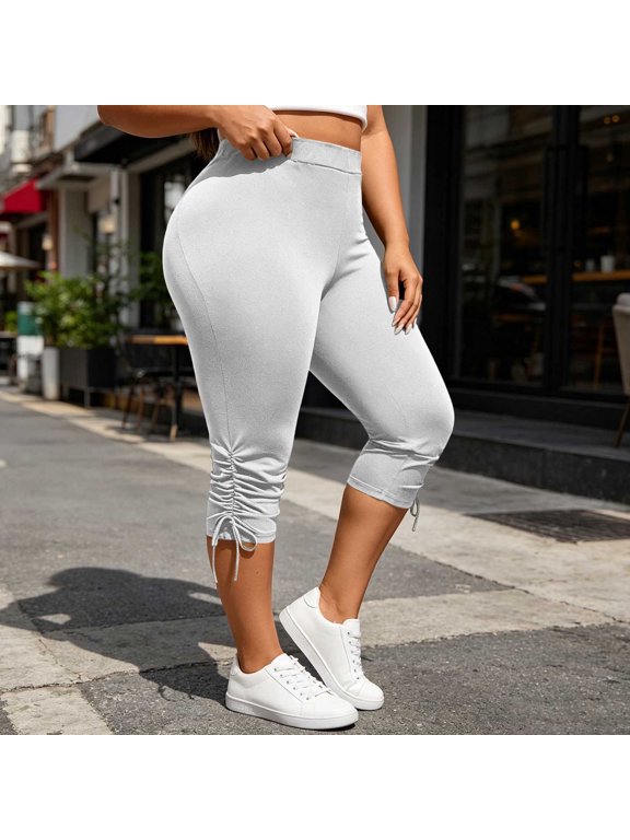 Capri Pants for Women Compression Yoga Capris Solid Color Elastic High Waist Workout Cropped Pants White XXL