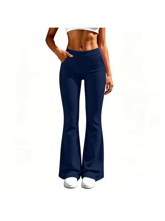 Capris for Women with Pockets Ladies High Waisted Casual Yoga Pants With Elastic Waist Pocket Pants Flared Leggings Tummy Control Stretchy Summer Bottoms Navy XXL