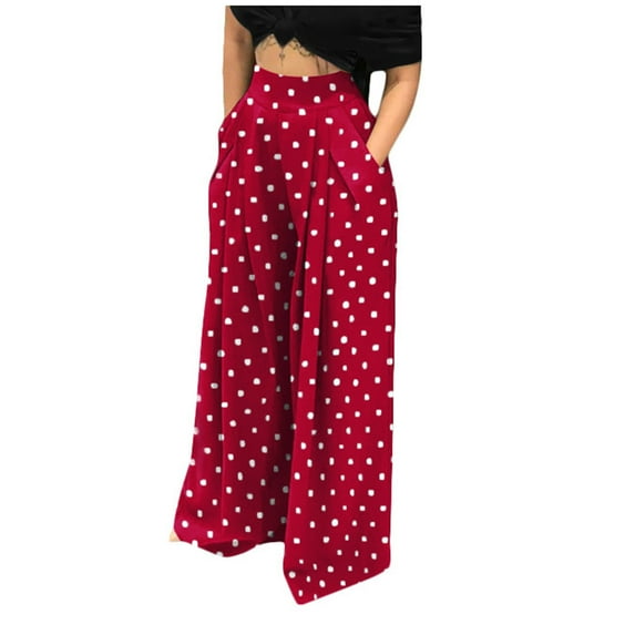 ZZwxWA Casual Pants Plus Size Wide Leg with Pocket Fashion Summer Holiday Loose Fit Playsuit Overalls Polka Dots Loose Fit Long High Waist Trousers Red M