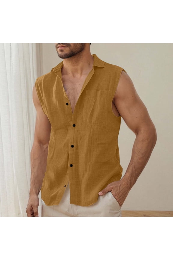Casual Wear Mens Muscle Tank Top Cotton Linen Sleeveless Button-up Lapel Vest Lightweight Breathable Solid Color Versatile Button-up Collar Summer Casual Jacket Vest Casual Wear