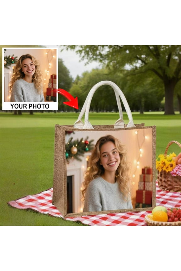 Custom Christmas Gift Linen Handbag with Photo Name or Pattern Print, Personalized Reusable Tote Bag for Shopping Travel Holiday Gift Packaging, Eco-Friendly Fabric Christmas Gift