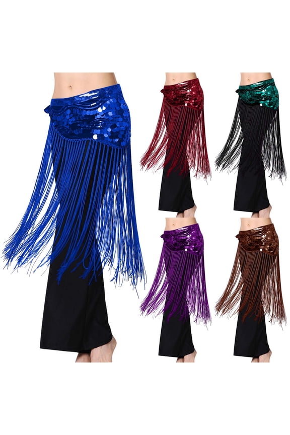 Dancewear Bellydance Women Solid Color Waist Chain Sequin Long Fringe Skirt Sparkling Tassel Wrap Belly Dance Costume Performance Festival Stage Party Skirts