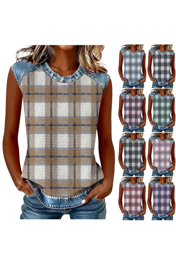Denim Patch Round‑Neck Sleeveless Tunic Waffle Texture Contrast Stitch Lightweight Breathable Soft Relaxed Fit Casual Pullover Top Versatile For Summer Layering Beach Brunch Travel, Summer Top