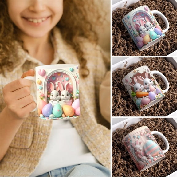 Dianli Easter Basket Stuffers 350ml Ceramic Coffee Mug Tea Cup Easter Bunny Heart Design Romantic Valentine's Day Gift for Her for Him Kitchen Tabletop Decor Easter Basket Stuffers