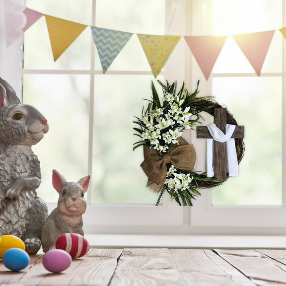 Dianli Easter Party Supplies Front Door Easter Wreath Spring Wall Hanging Floral Bunny Ear Wreath With Moss Ribbon and Cross Accent Rustic Farmhouse Holiday Religious Spring Decor
