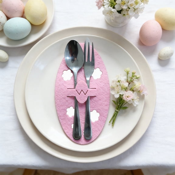 Dianli Easter Tableware 4 Piece Egg Silverware Pocket Cutlery Pouch Festive Napkin Utensil Holder Reusable Cutlery Wrap for Holiday Table Setting Easter Party Supplies