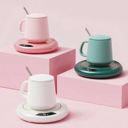 Dianli Electric Mug Warmer for Desk, 3 Temperature Settings, 8-Hour Auto Shut Off, LCD Display, Coffee & Tea Cup Heater with USB, White/Pink/Green, 4.72x4.72in
