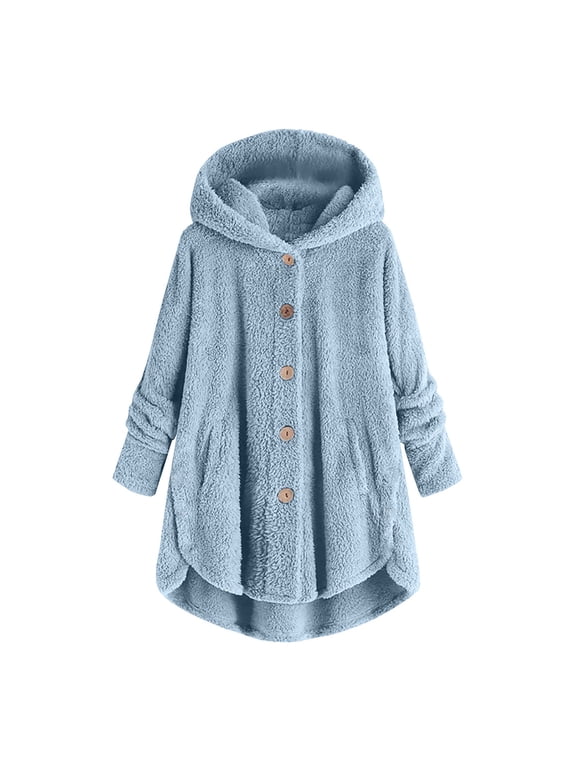 Fall Winter Coats for Womens Trendy Long Sleeve Hooded Jackets Casual Loose Comfy Color Block Overcoat Warm Button Down Irregular Plush Hooded Coat Tops Fleece Jacket Women