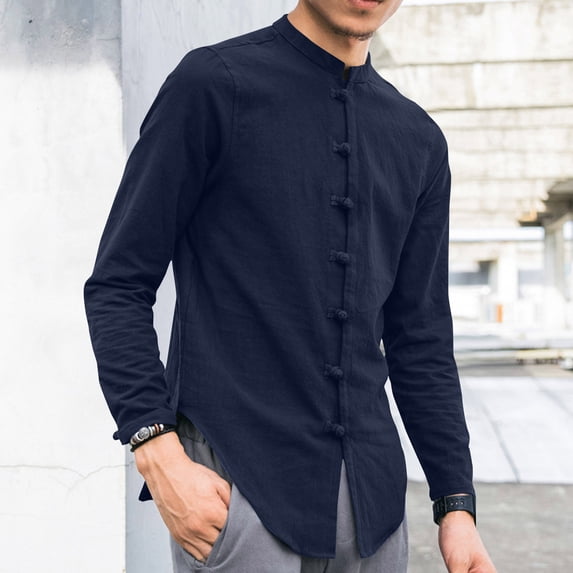 Dianli Fashion Casual Men's Solid Color Stand Collar Long Sleeve Shirt with Special Button Detail, Slim Casual-Fit Button-Front Stand-up Collar Top for Everyday Travel