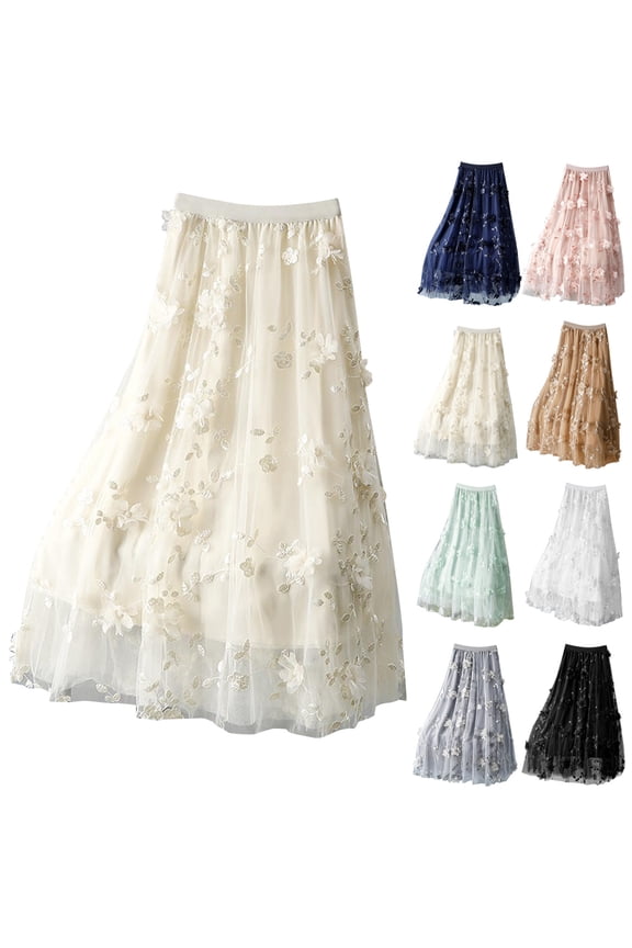 Floral Mesh Mid Length Skirt Women's Double Layer Mesh Three Dimensional Flower Mid Length Skirt High Waisted Romantic Flowy Event Wear Mesh Skirt
