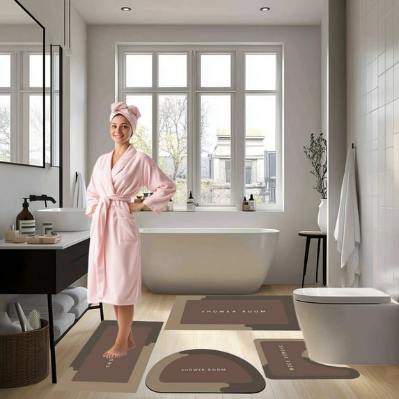 Dianli Four Piece Absorbent Bathroom Rug Set Non Slip Washable Toilet Mat with Lid Cover U Shaped Rug and Door Mat Large Size Quick Drying Perfect for Home or Hotel Use