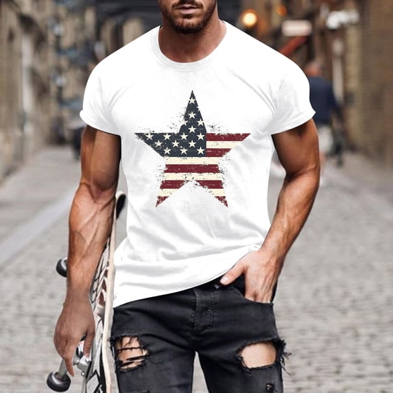 Dianli Fourth of July Men's Independence Day USA Flag Print Short Sleeve Round Neck T-Shirt Lightweight Cotton Breathable Casual Tee for BBQ Celebration Patriotic