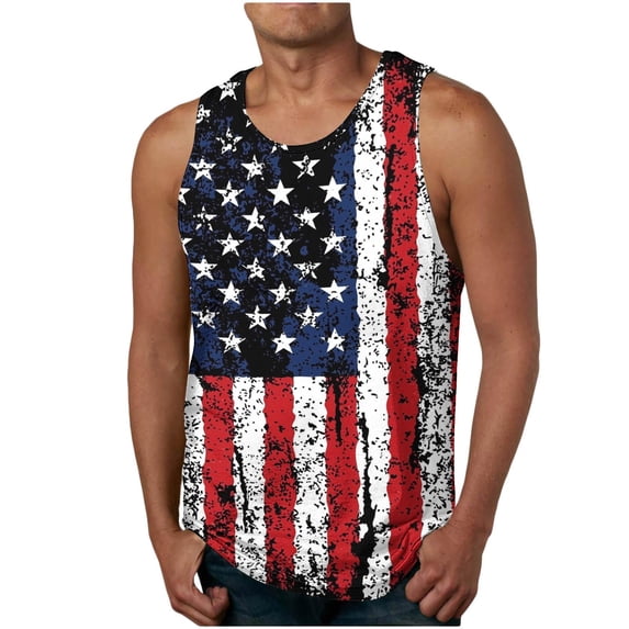 Dianli Fourth of July Patriotic Mens Muscle Tank Top USA Flag Print Sleeveless Round Neck Sports Tank Quick-Dry Breathable Muscle Vest Workout Gym Training Top Summer Fitness Activewear