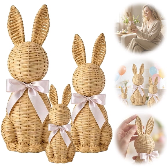 Dianli Garden Decor Home Accents Rattan Effect Resin Easter Bunny Figurine Wicker Style Bunny Statue With Bow Rustic Spring Table Centerpiece Indoor Outdoor Patio Yard Garden Decor