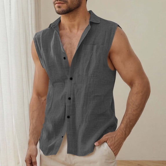 Dianli Gifts Casual Wear Mens Muscle Tank Top Cotton Linen Sleeveless Button-up Lapel Vest Lightweight Breathable Solid Color Versatile Button-up Collar Summer Casual Jacket Vest Casual Wear
