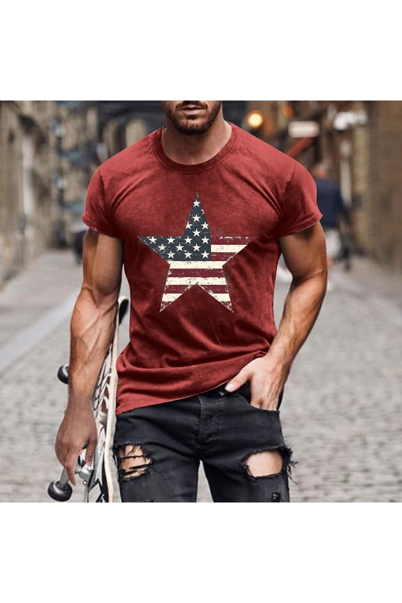 Gifts Fourth of July Men's Independence Day USA Flag Print Short Sleeve Round Neck T-Shirt Lightweight Cotton Breathable Casual Tee for BBQ Celebration Patriotic