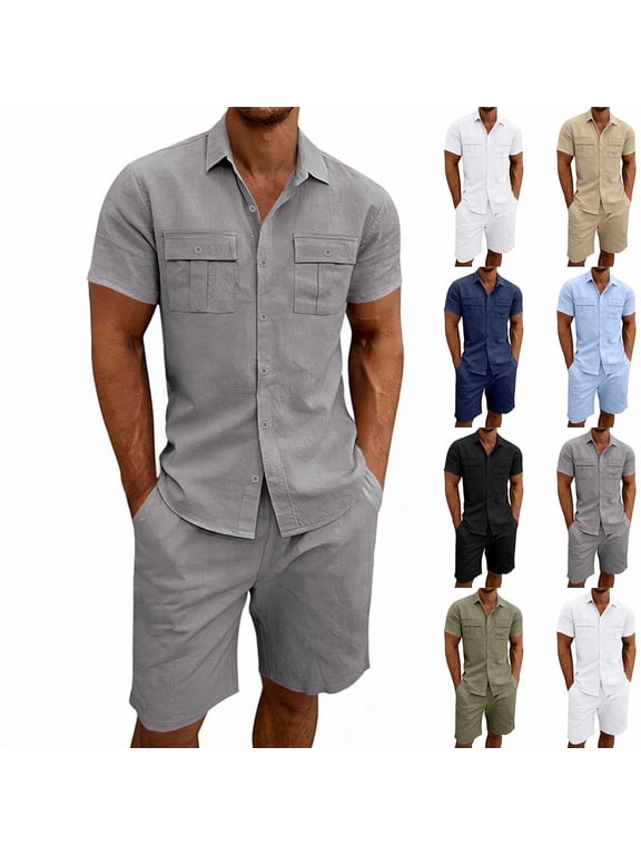 Gifts Men's Solid Color Button Pocket Short Sleeve Turndown Collar Top and Pocket Elastic Waist Shorts Set, Fashion Two-Piece Outfit, Comfortable Casual Summer Loungewear for Daily Wear Pink M