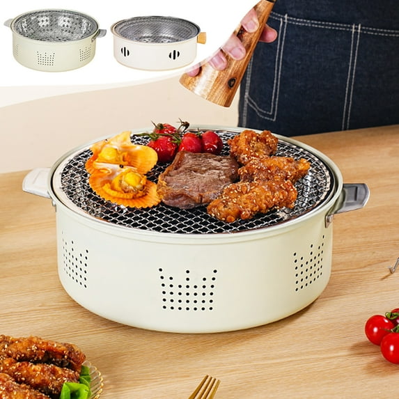 Dianli Nonstick Stovetop Indoor Korean BBQ Grill with Drip Tray, Dishwasher Safe, Charcoal Heating, Smokeless, Beige, 12in Birthday Gift