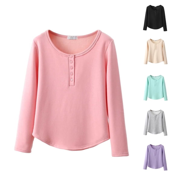 Dianli Gifts Pajamas Loungewear Button Round Neck Long Sleeve Base Top With Curved Hem Plus Velvet Warm Coat Soft Cozy Layered Homewear Nightwear Sleepwear