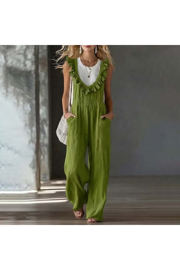 Gifts Rompers for Women Sleeveless V Neck Ruffle Wide Leg Jumpsuit Casual Smocked Waist Overalls With Pockets Summer Rompers Green S