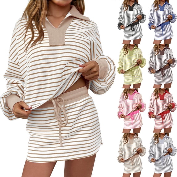 Dianli Gifts Set Two Piece Sets Women's V Neck Striped Long Sleeve Top And Drawstring Short Skirt Matching Set Lightweight Breathable Casual Lounge Beach Outfit Two Piece Set