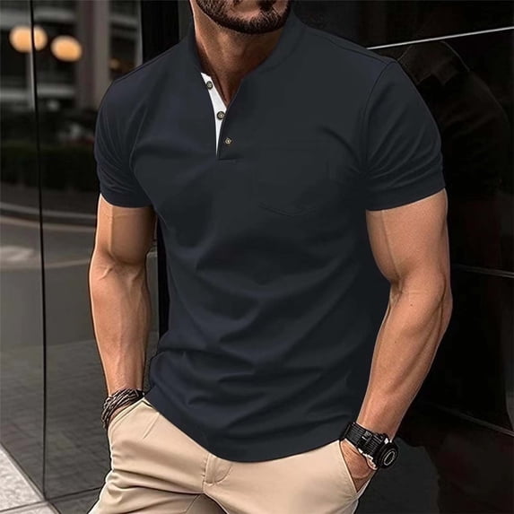 Dianli Gifts Shirts for Men Fashion Solid Color Button Pocket Short Sleeve Stand Collar Blouse Breathable Lightweight Cotton Like Versatile Everyday Casual Summer
