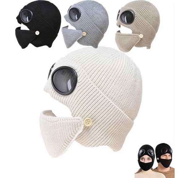 Dianli Gifts Ski Hat Winter Unisex 3-in-1 Knitted Ski Hat with Goggles and Detachable Mask Fleece-Lined Balaclava Beanie Windproof Snow Sports Hat for Men and Women Winter