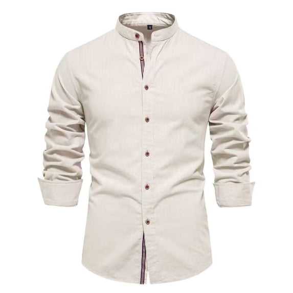Dianli Gifts Spring Summer Men's Cotton Linen Long Sleeve Stand-up Collar Business Casual Shirt Solid Color Japanese Minimalist Fit Breathable Lightweight Office Vacation Spring Summer