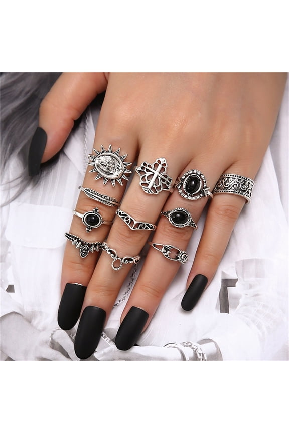 Gifts Sun Face Ring Set Hollow Carved Black Gemstone Micro Inlaid Diamond Accent Rings Stackable Open Band Adjustable Size for Women Bridal Anniversary Gift