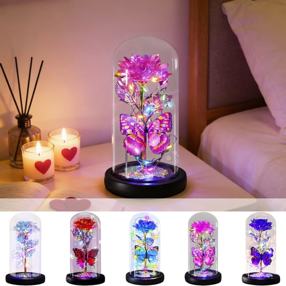 Dianli Gifts Valentine's Day Romantic Gift Preserved Rose Glass Dome Night Light With LED Starry Sky Projector Butterflies Crystal Rose Glowing Birthday Anniversary Gift