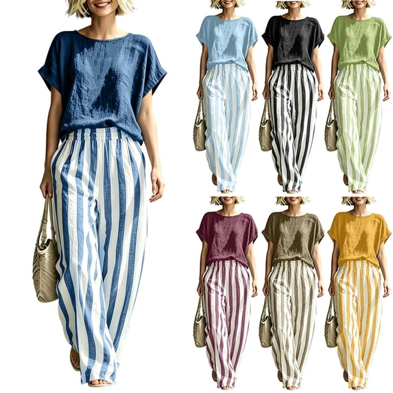 Dianli Gifts Women's Round Neck Short Sleeve Pinstripe Top and Elastic Waist Pocket Pants Set, Casual Two-Piece Outfit, Fashion Striped Loungewear, Comfortable Relaxed Fit for Everyday Pink M