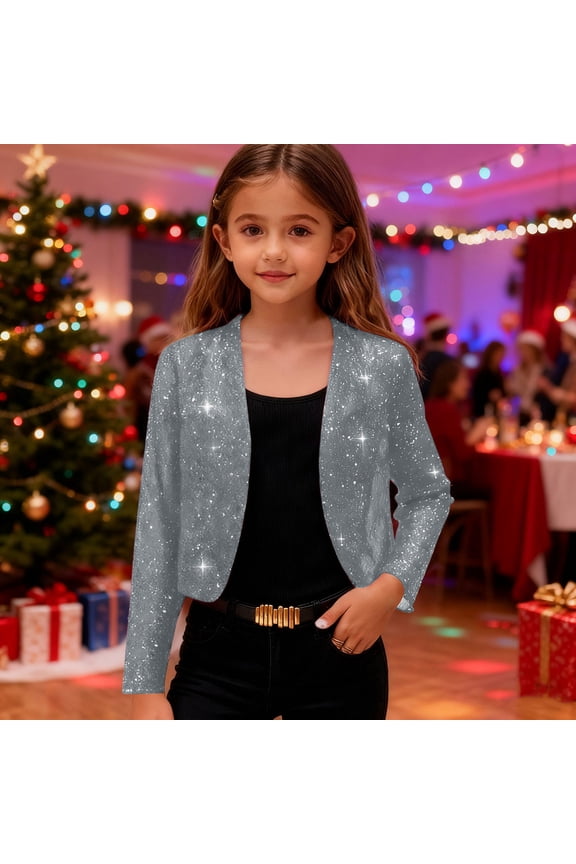 Girls Sequin Shawl Cardigan Jacket Sparkle Long Sleeve Short Coat Casual Silver Sequin Knit Wrap Cardigan Outerwear Ages 4-14 School Party Dressy Casual Kids Jacket
