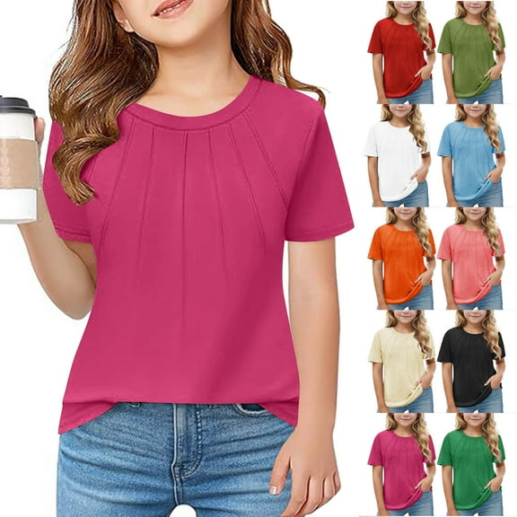 Dianli Girls Shirts Pleated Crew Neck Blouse Loose Fit Short Sleeve T-Shirts Tops Trendy Cute Tops Shirts for Girls 4-12 Lightning Army Green 3 Years