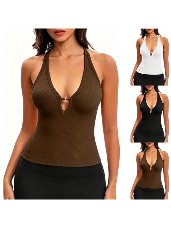 Halter Neck Trendy Suspender Tank Top Slim Fit Lightweight Breathable Stretch Fabric Adjustable Straps Sleek Silhouette For Night Out Beach And Everyday Street Style, Cami Top Black M