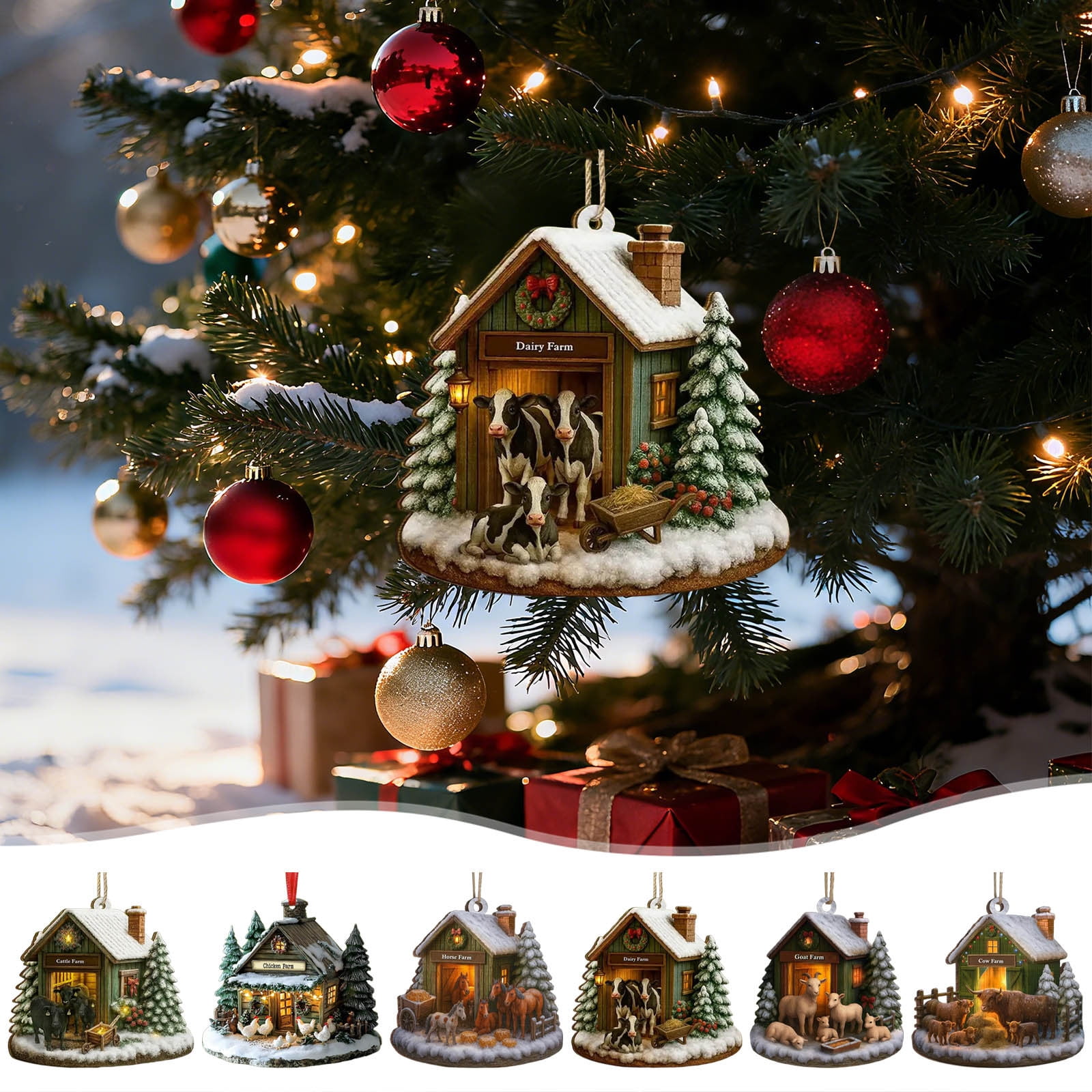 Dianli Hand-Painted Farm Cottage Christmas Ornament with Snowy Pines ...