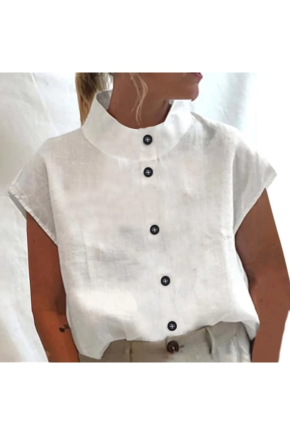 High‑Neck Cotton Button‑Front Blouse Linen Blend Lightweight Breathable Relaxed Fit Classic Casual Tunic for Spring Summer Work Weekend and Everyday Wear Versatile Layering Shirt White XXXL